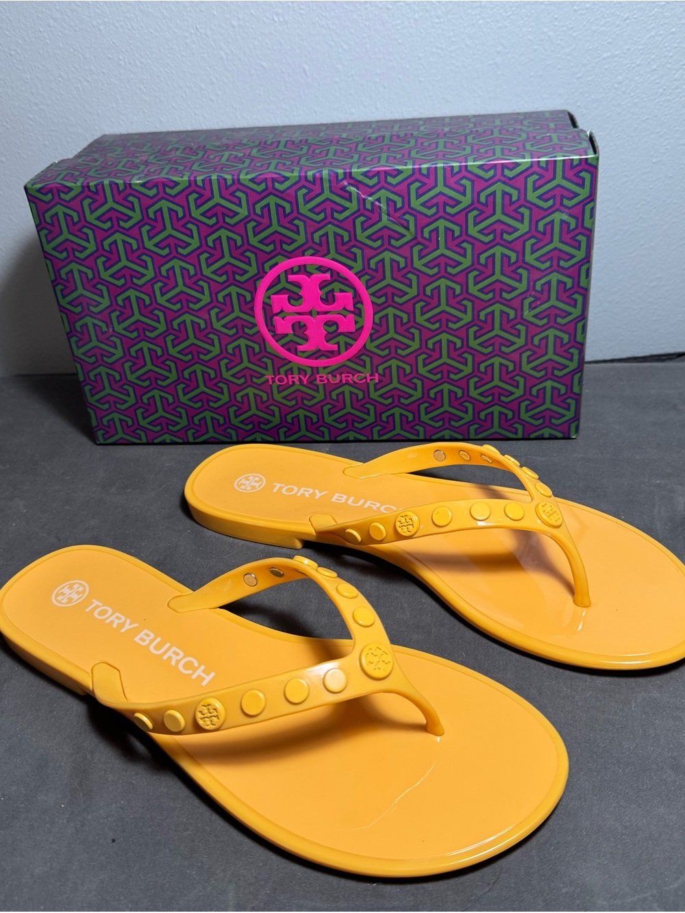 Tory Burch Bright Orange Logo Stud Jelly Flip Flops
